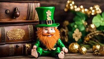 Leprechaun figurine with a green hat and a red beard sitting on a wooden table with decorations around it. photo