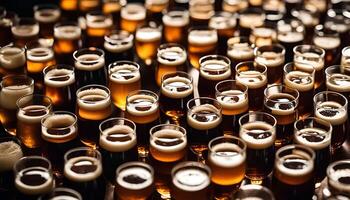 A close-up view of a collection of amber liquid in glasses, perhaps beer, arranged in rows on a wooden surface. The glasses have a slight variation in their shape. photo