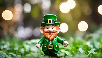 Leprechaun figurine in a green field with blurred background of lights photo