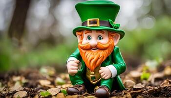 Irish Leprechaun Figurine in a Forest Setting photo