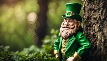Smiling Leprechaun Figurine in a Lush Green Forest photo