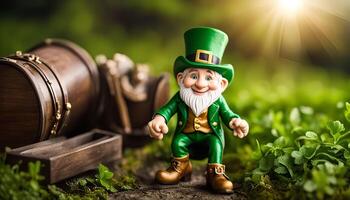 Leprechaun Figurine in a Lush Green Forest Setting photo
