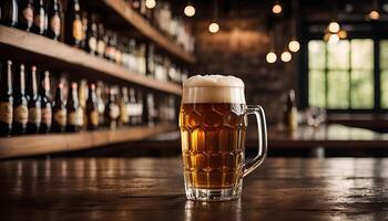 Glass of Beer on Bar Counter with Shelves of Bottles photo