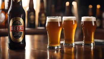 Three glasses of beer on a bar counter with a beer bottle in the background. photo