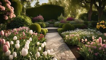 A Stone Path Through A Spring Garden photo
