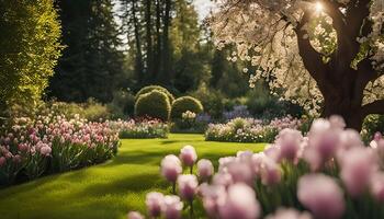 Blooming Garden with Pink Tulips and Sun Rays photo