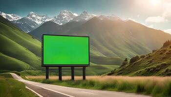 Blank Billboard with Green Screen In Front of Majestic Mountain photo