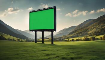 Billboard in a Green Field and Mountains photo