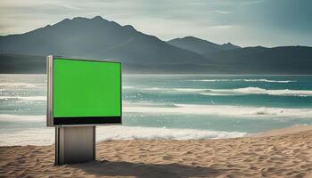 Green Screen Billboard on Beach with Mountain View photo