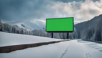 Blank Billboard in Snowy Mountain Landscape photo