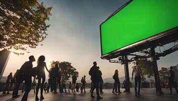 Silhouettes of People in Front of a Giant Green Screen Billboard photo