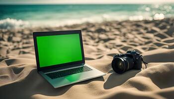 Laptop and Camera on the Beach photo