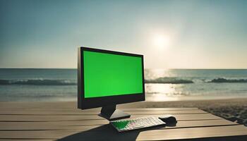 Computer on the Beach with Green Screen photo