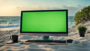 Working on the Beach with a Computer photo