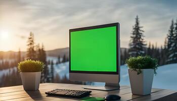 Computer on a Table with a Green Screen Display and a Snowy Mountain View photo
