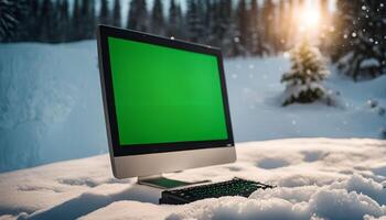 Desktop Computer in Snowy Forest photo