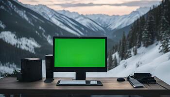 Computer on a Desk with a Mountain View photo