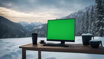 Desktop Computer with a Green Screen in a Snowy Mountain Landscape photo