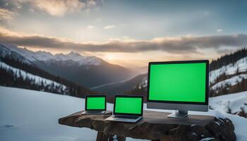 Laptop and Desktop Setup in a Snowy Mountain Scene photo