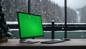 Computer on a Desk with a Snowy View photo