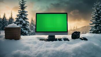 Computer and Camera in Snowy Forest photo