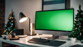 Desktop Computer with Green Screen for Holiday Content Creation photo