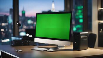 Desktop Computer with Green Screen in Office Setting photo