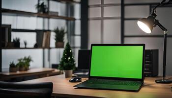 Laptop on a Desk in a Modern Office photo