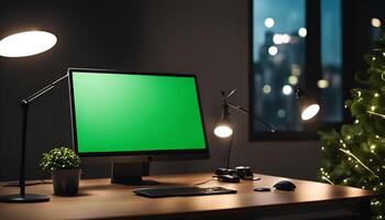 Desktop Computer with Green Screen on Desk with Christmas Tree photo
