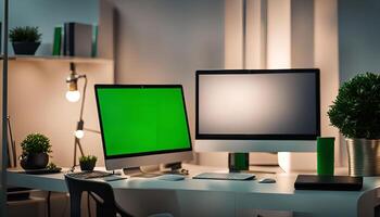 Modern Office Workspace with Desk and Two Computers photo