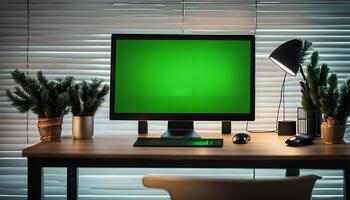 Computer Monitor Green Screen on Desk with Plants and a Lamp photo