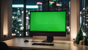 Desktop Computer with Green Screen in a Modern Office with Cityscape View photo