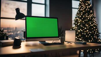 Green Screen Computer Display On Desk With Christmas Tree photo
