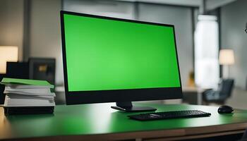 Desktop Computer with Green Screen in Modern Office photo