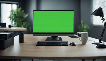 Modern Office Desk with Computer, Keyboard, Mouse, and a Coffee Mug photo