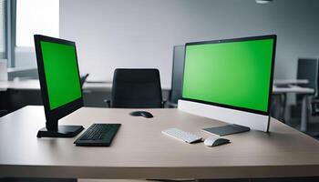Two Computers with Green Screens on a Desk in an Office photo