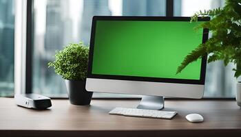 Modern Office Setup with Green Screen Computer photo