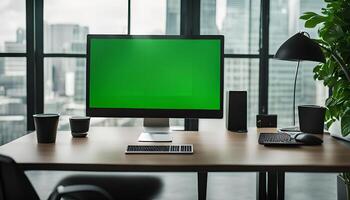 Modern Workspace with Green Screen Computer photo