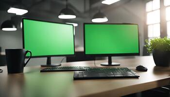 Green Screen Monitors on a Desk in an Office photo