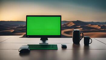 Desktop Computer with Green Screen in a Desert Setting photo