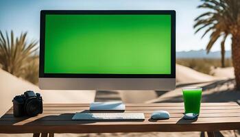 Desktop computer in the desert with a green screen, camera, and a drink. photo