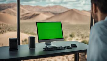 Man at Desk with Green Screen Computer and Desert View photo
