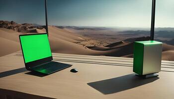 Laptop and Speaker with Desert View photo