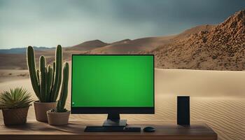 Computer monitor with green screen on a wooden table with cactus plants in the foreground, with a desert landscape as the background photo