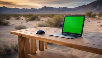 Laptop on Wooden Table in Desert at Sunset photo