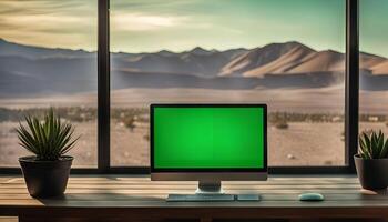 Computer Desktop With Green Screen Displaying Mountain Range View photo
