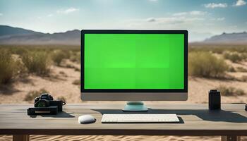 Desktop Computer with Green Screen in Desert Setting photo