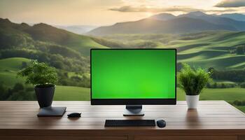 Computer Desktop With A Green Screen And A View Of A Lush Mountain Landscape photo