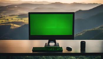 Computer Screen on a Desk with Mountain View photo