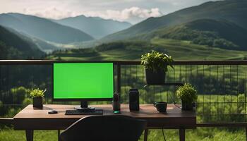 Computer on a Desk with Mountain View photo